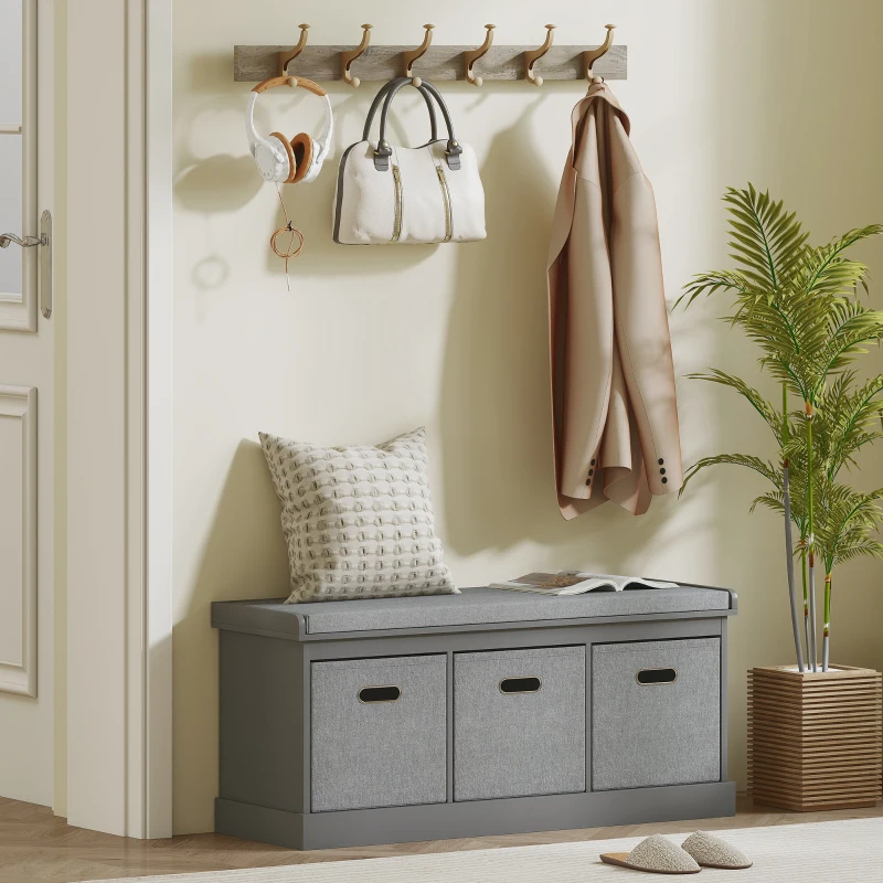HOMCOM Shoe Storage Bench with Seat, Entryway Bench Seat with Cushion, 3 Fabric Drawers for Hallway, Dark Grey