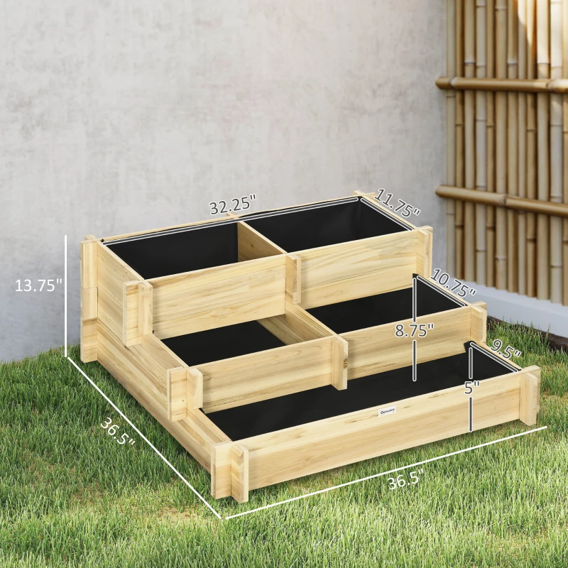 Outsunny 3 Tier Raised Garden Bed, Water Draining Fabric for Soil, Elevated Wood Flower Box for Vegetables, Herbs, Natural