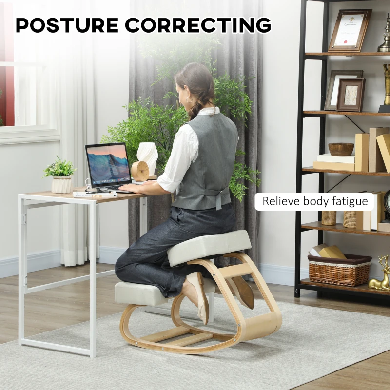 HOMCOM Ergonomic Kneeling Chair, Wood Kneel Stool with Thick Pads, Desk Knee Chair, Improve Posture, Cream White