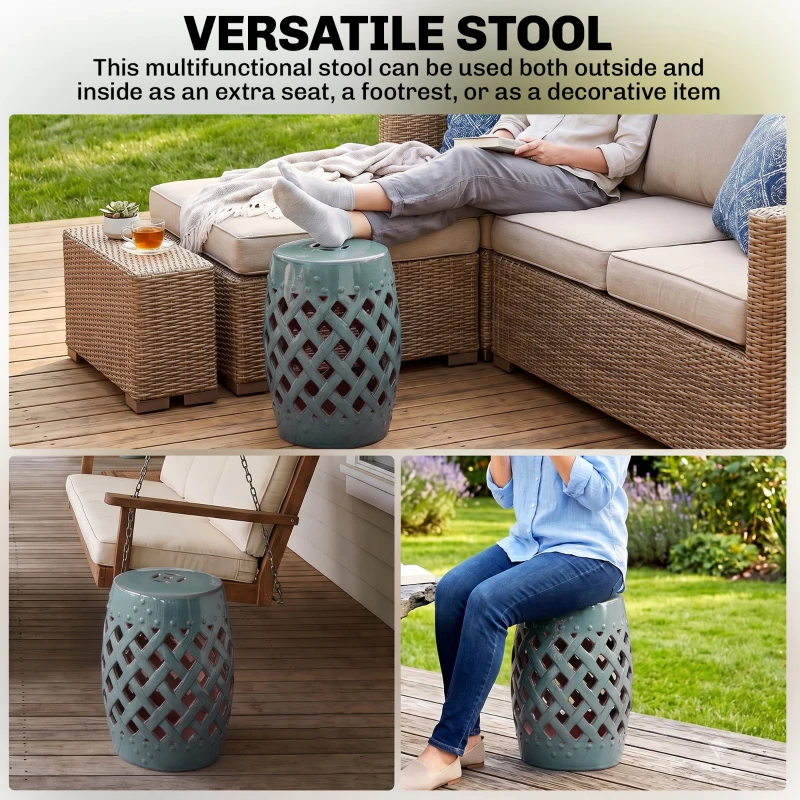 Outsunny 12.5" x 18" Ceramic Garden Stool with Woven Lattice Design & Glazed Strong Materials Decorative Outdoor Stool, Green