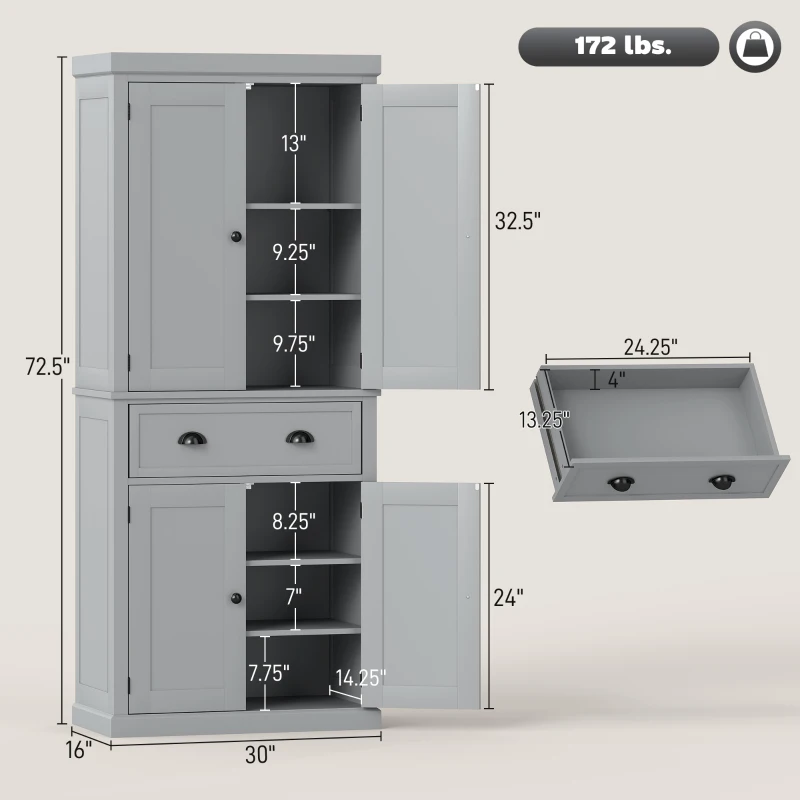 HOMCOM 72.5" Kitchen Cabinet, Pantry Storage Cabinet with Doors and Shelves, Freestanding Food Pantry Cabinet, Gray