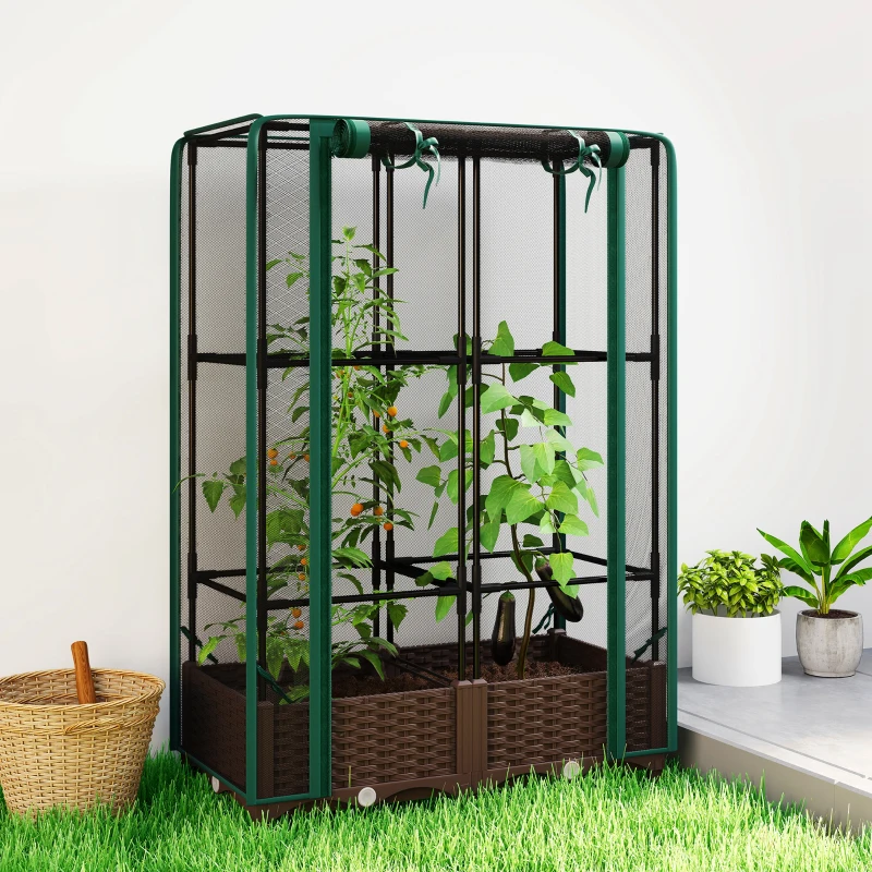 Outsunny Raised Garden Bed with Trellis, 46.5" Tomato Cage with Crop Cage, Self Watering Planter Box with Drainage Holes, Green