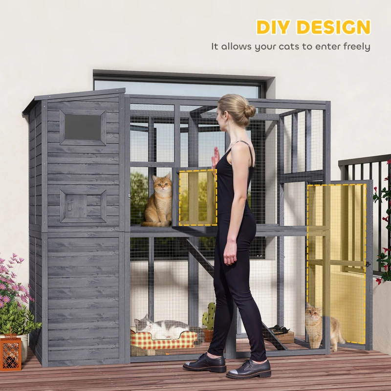 PawHut Wooden Outdoor Catio with Platforms, Asphalt Roof, Ramps, Gray