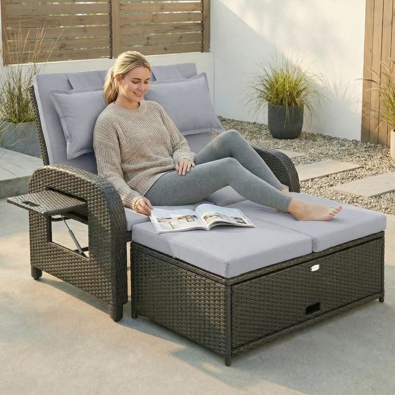 Outsunny Patio Rattan Daybed, Wicker Outdoor Daybed with Storage Ottoman, Loveseat w/ Adjustable Backrest, Gray