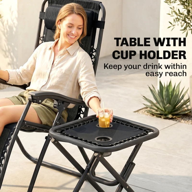 Outsunny Zero Gravity Chair Set of 2 Patio Chair with Side Table Cupholders and Pillows for Pool, Backyard, Lawn, Black