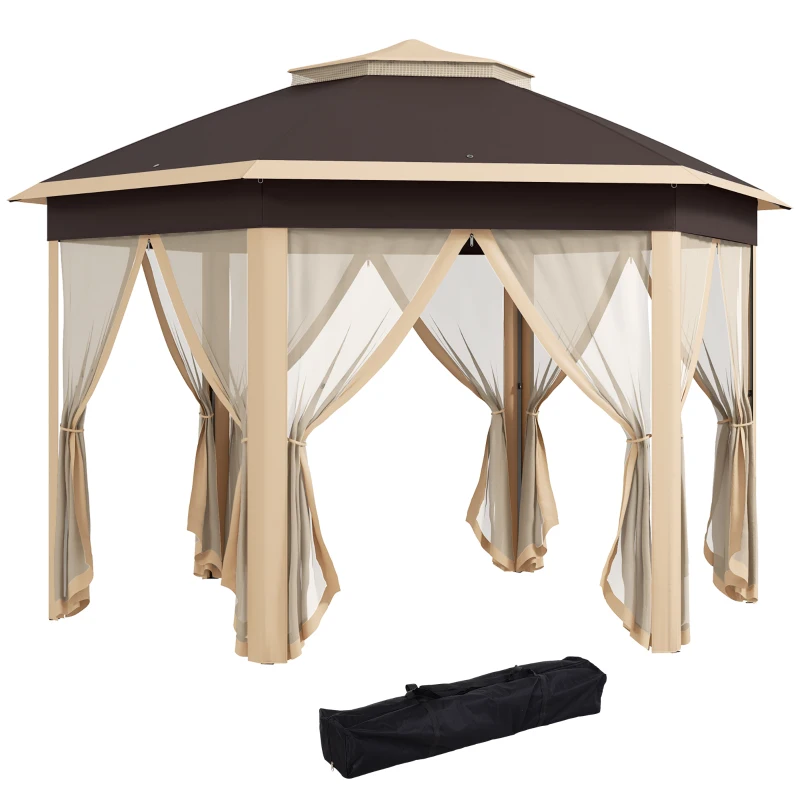Outsunny 13' x 13' Pop Up Gazebo Hexagonal Canopy Shelter with 6 Zippered Mesh Netting for Patio, Backyard, Garden, Wedding, Party, Beige