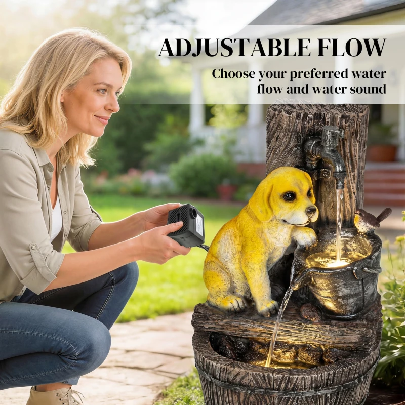 Outsunny 22" Outdoor Fountain with 3-Tier Puppy Theme, Resin Garden Fountain with LED Lights, Adjustable Flow, Rustic Brown