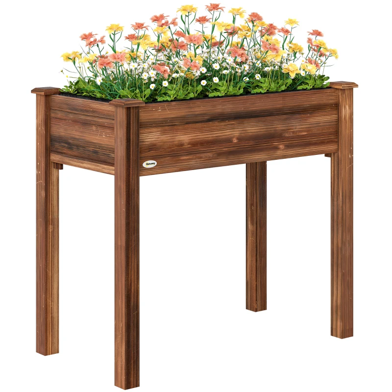 Outsunny 34" x 18" x 30" Wooden Patio Raised Garden Bed Planter, Elevated Planter Box with Legs, Carbonized