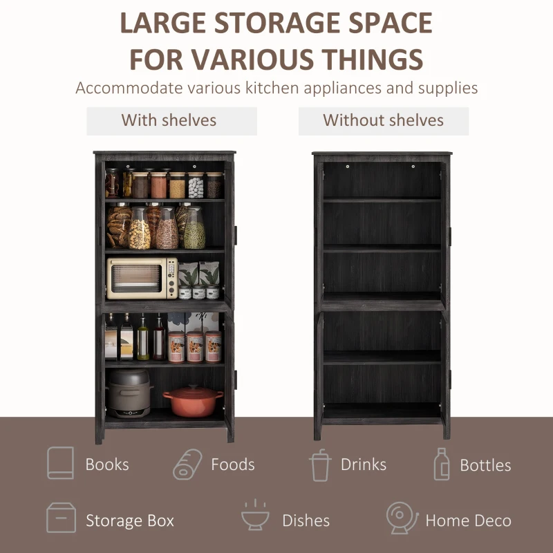 HOMCOM 64" 4-Door Kitchen Pantry, Freestanding Storage Cabinet with 3 Adjustable Shelves for Kitchen, Gray Oak