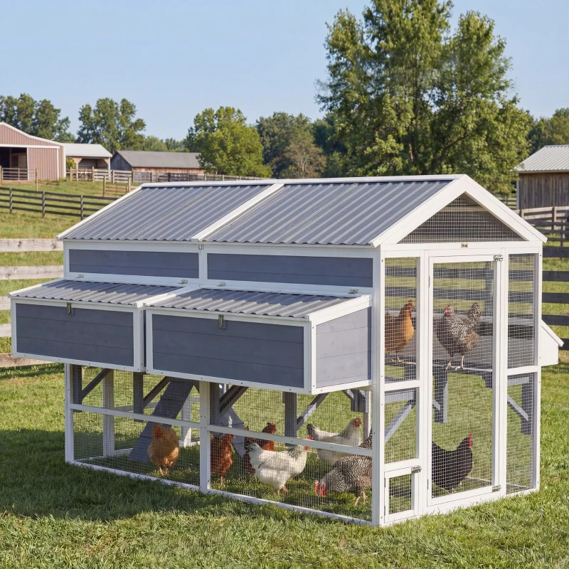PawHut Wooden Chicken Coop, Outdoor Hen House with 2 Feeders, 2 Nesting Boxes, 2 Roosting Bars, Ramps, Waterproof Roof