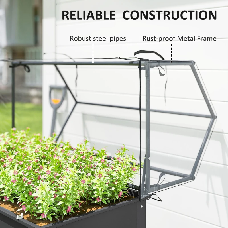 Outsunny Elevated Garden Box with Greenhouse Cover, Raised Garden Bed with Legs and Drainage Hole for Vegetables, Dark Gray