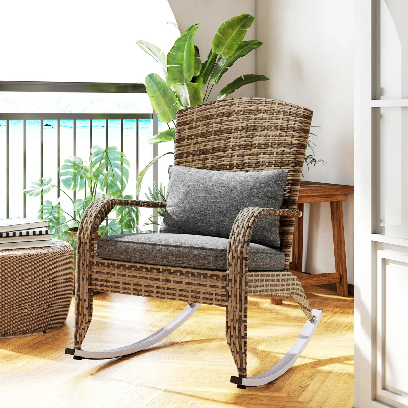 Outsunny Adirondack Chair, Outdoor Wicker Rocking Chair with High Back, Seat Cushion, and Pillow for Porch, Balcony, Gray