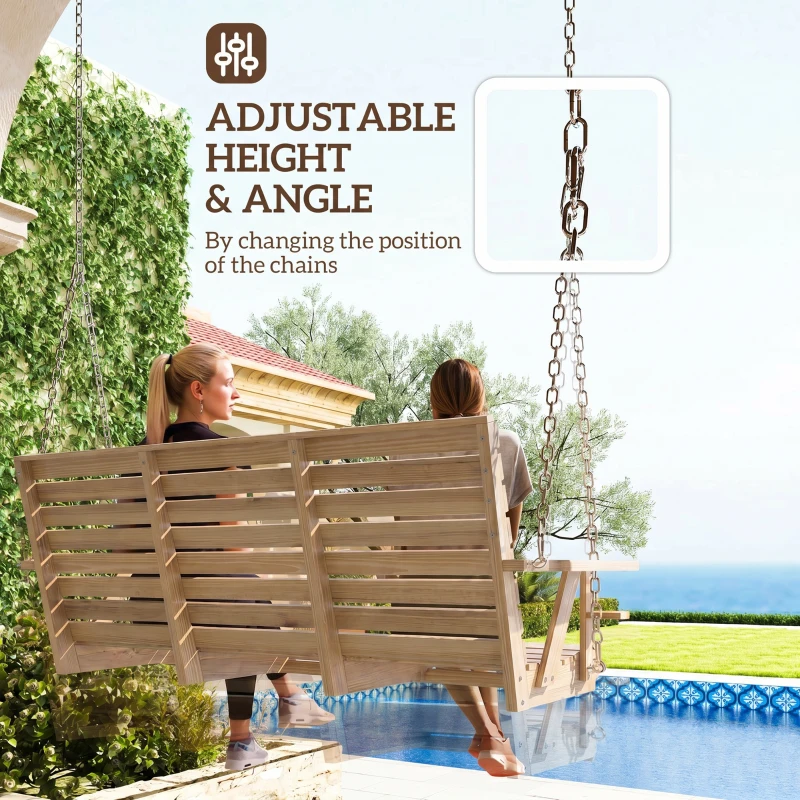 Outsunny 3-Seater Swing Bench, Wooden Porch Swing with Cupholders, Hanging Chains for Patio Garden, Nature Wood
