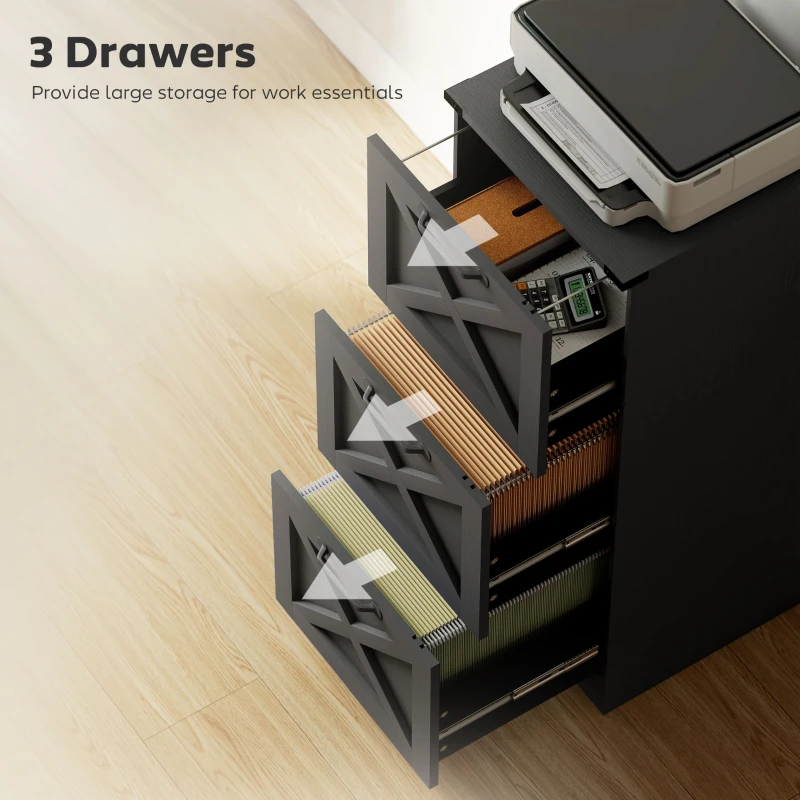 HOMCOM 3 Drawer File Cabinet with Silent Slides, Vertical Farmhouse Filing Cabinet Fits Letter/A4 Size Home Office, Black