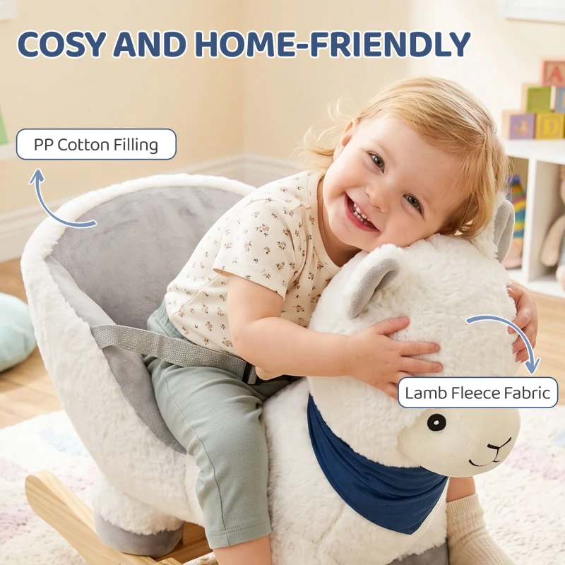 Qaba Baby Rocking Horse, Plush Animal Rocker Alpaca with Realistic Sound, Seat Belt, Handle Grip for 12-36 Months, White