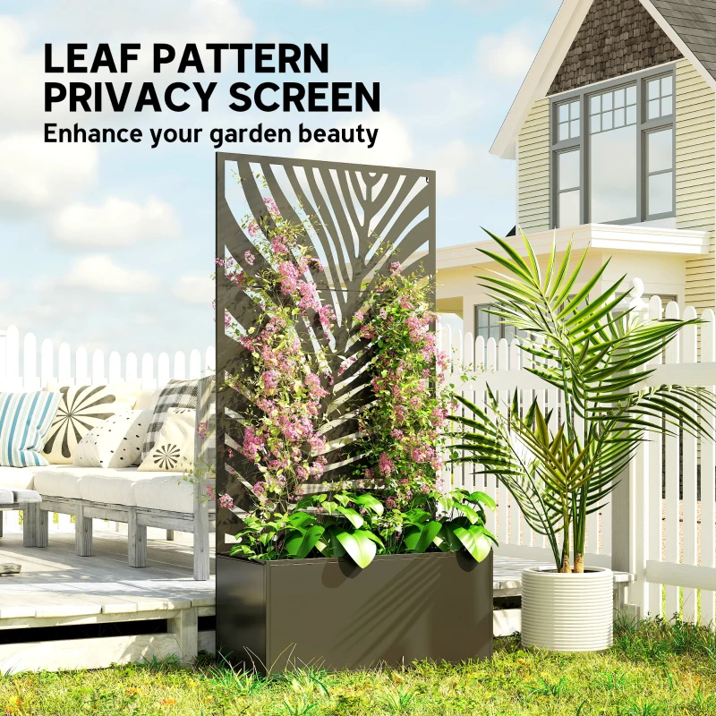 Outsunny Metal Planter Box with Trellis, Raised Garden Bed with Trellis Large Leaf Cut-Out Privacy Screen for Climbing Plants