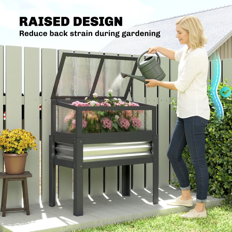 Outsunny Raised Garden Bed with Flip-Up Greenhouse Top, Wooden Elevated Planter Box with Legs and Liner, Grey