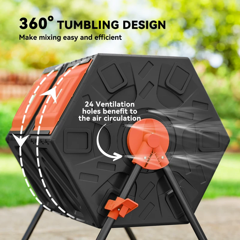 Outsunny Rotating Composter, Dual Chamber Compost Bin with 24 Vents and Steel Legs, 34.5 Gallon, Orange