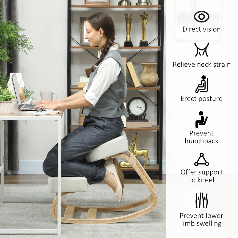 HOMCOM Ergonomic Kneeling Chair, Wood Kneel Stool with Thick Pads, Desk Knee Chair, Improve Posture, Cream White