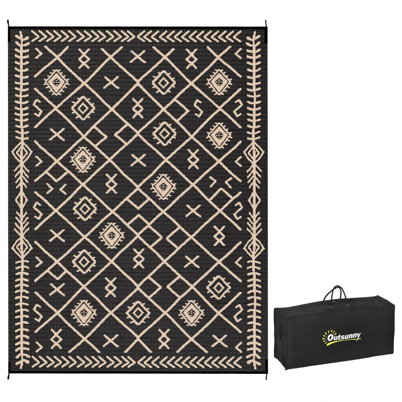 Outsunny Reversible Outdoor Rug, Waterproof Plastic Straw with Carry Bag, 9' x 12', Black & Beige Rhombus