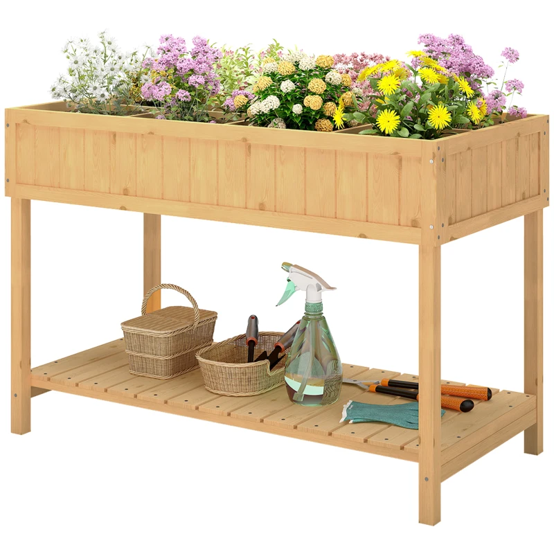 Outsunny 43x18x30in Raised Garden Bed with 8 Pockets and Shelf, Wooden Elevated Planter Box with Legs to Grow Herbs, Vegetables, and Flowers, Natural