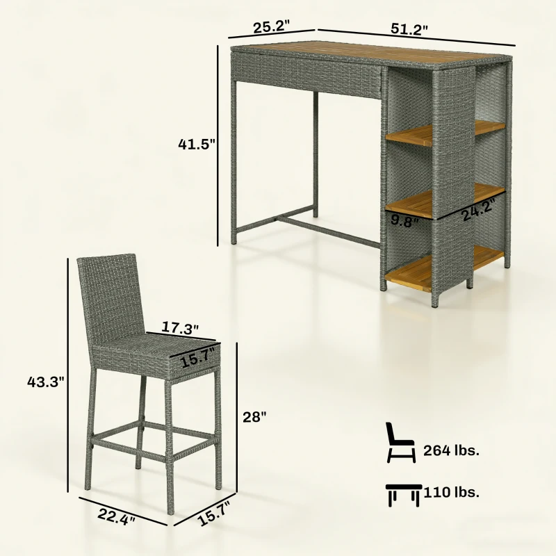 Outsunny 5 Piece Wicker Outdoor Bar Set, Acacia Wood Outdoor High Top Table and Chairs with 3 Tier Shelves, Cushions, Gray
