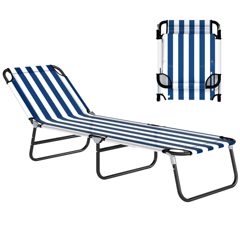 Outsunny Portable Folding Adjustable Sun Beach Lounger / Camping Cot - Blue and White