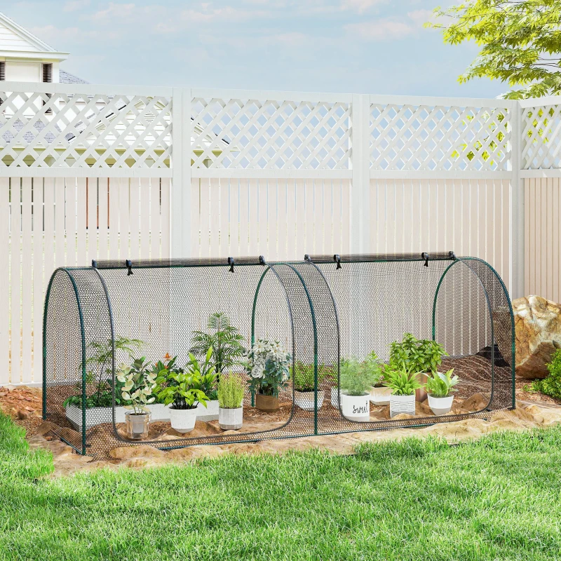 Outsunny 8' x 3' Crop Cage, Garden Plant Protector, with 3 Zippered Doors and 6 Ground Stakes, for Garden, Yard, Lawn, Black