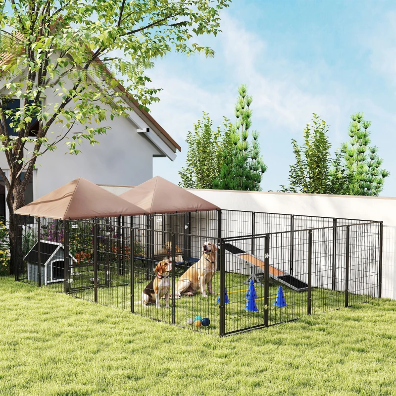 PawHut Large Outdoor Dog Kennel with 2 Rooms, Rotating & Adjustable Height Bowls, 13.5' x 9.4' x 5.1'(m-5)
