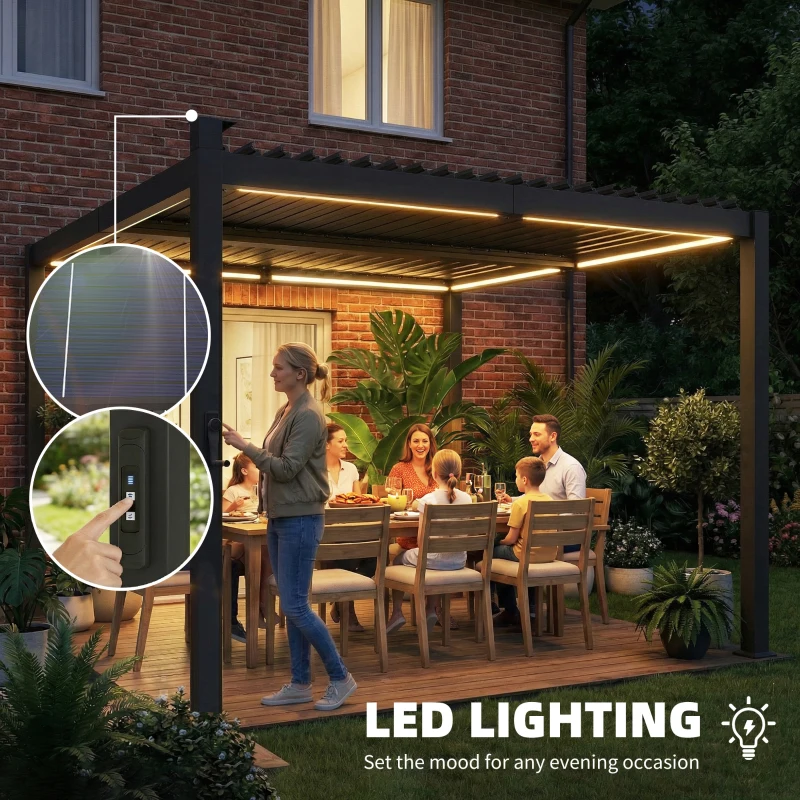 Outsunny 10 x 10 ft Louvered Pergola with Solar LED lights, Metal Roof, Outdoor Pergola Gazebo with Drainage Gutters, Black