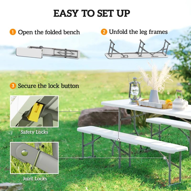 Outsunny 2 Pack 6 ft Portable Foldable Bench Seats, Plastic Folding Benches with Carrying Handle for Camping, White