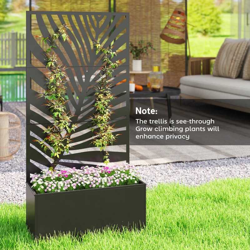 Outsunny Metal Planter Box with Trellis, Raised Garden Bed with Trellis Large Leaf Cut-Out Privacy Screen for Climbing Plants