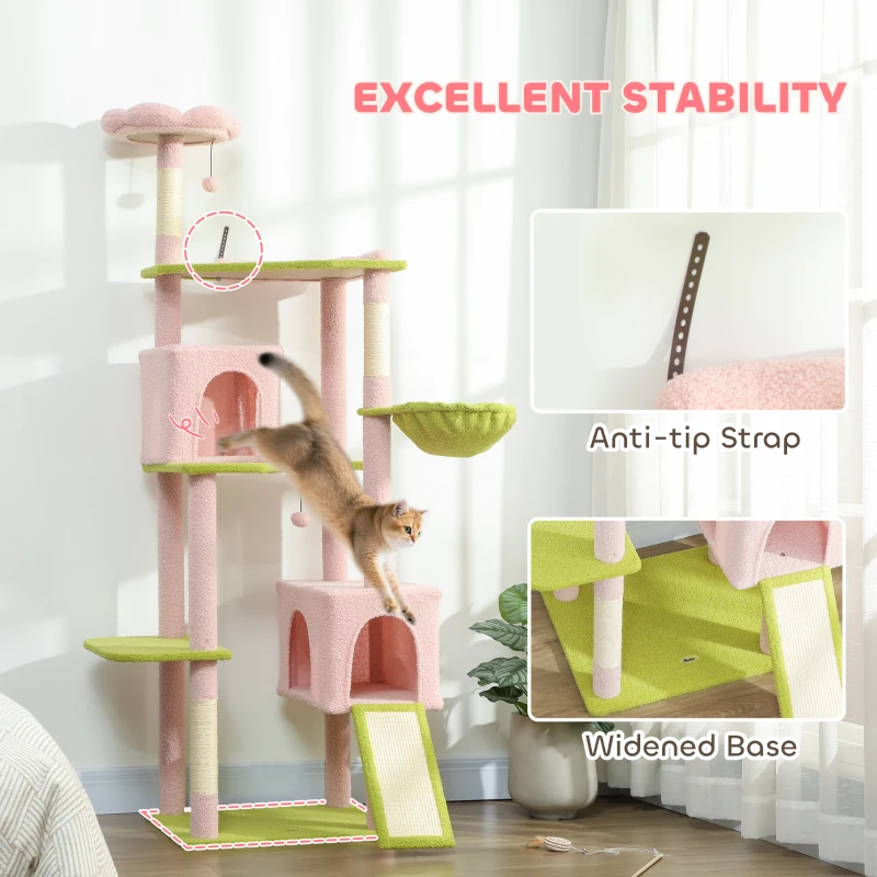 PawHut 74" Flower Cat Tree, Large Cat Tower with Scratching Post & Board for Indoor Cats, Pink