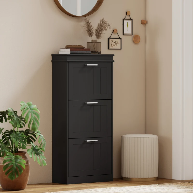 HOMCOM Slim Shoe Cabinet with 3 Flip Drawers and Adjustable Shelves, Narrow Shoe Cabinet for 15 Pairs of Shoes, Black