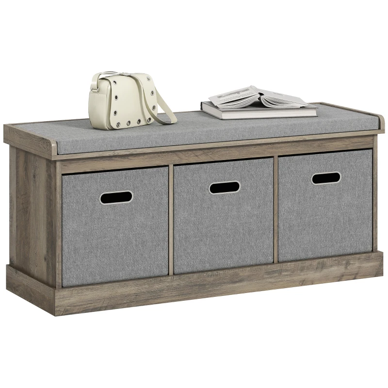 HOMCOM Shoe Storage Bench with Seat, Entryway Bench Seat with Cushion, 3 Fabric Drawers for Hallway, Washed Grey