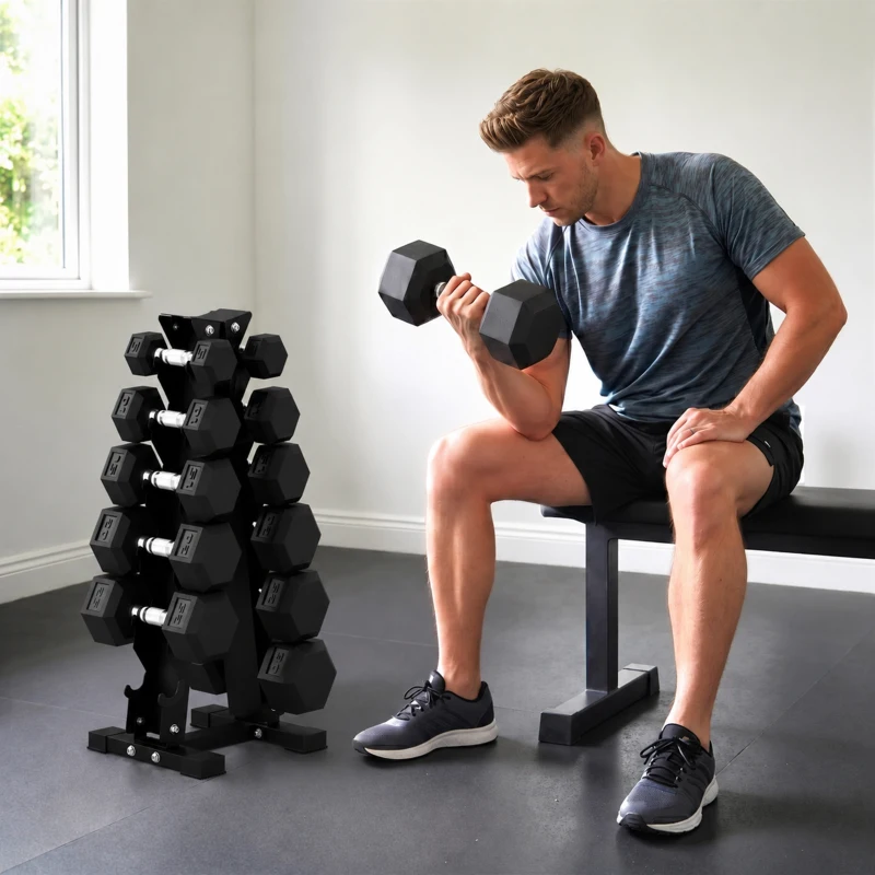 Soozier Hex Dumbbell Weight Set with Vertical Rack, 210lbs Rubber-Coated Dumbbells with Non-Slip Handles