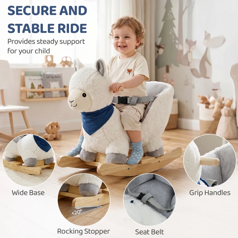 Qaba Baby Rocking Horse, Plush Animal Rocker Alpaca with Realistic Sound, Seat Belt, Handle Grip for 12-36 Months, White