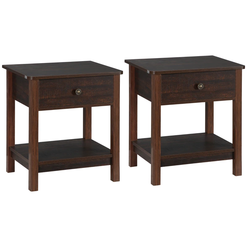 HOMCOM End Table with Drawer, Side Table with Top and Bottom Shelf for Small Spaces, Set of 2, Dark Brown