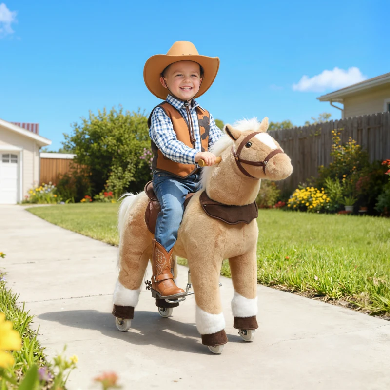 Qaba Ride on Horse, Plush Riding Pony for Ages 3-5, Walking Horse Animal with Wheels for Active Play, Brown