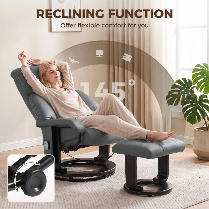 HOMCOM Massage Recliner Chair with Ottoman, 360° Swivel Recliner and Footstool, 10-Point Vibration, Gray