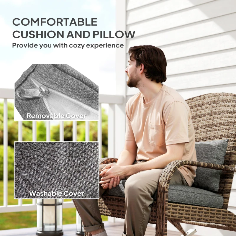 Outsunny Adirondack Chair, Outdoor Wicker Rocking Chair with High Back, Seat Cushion, and Pillow for Porch, Balcony, Gray