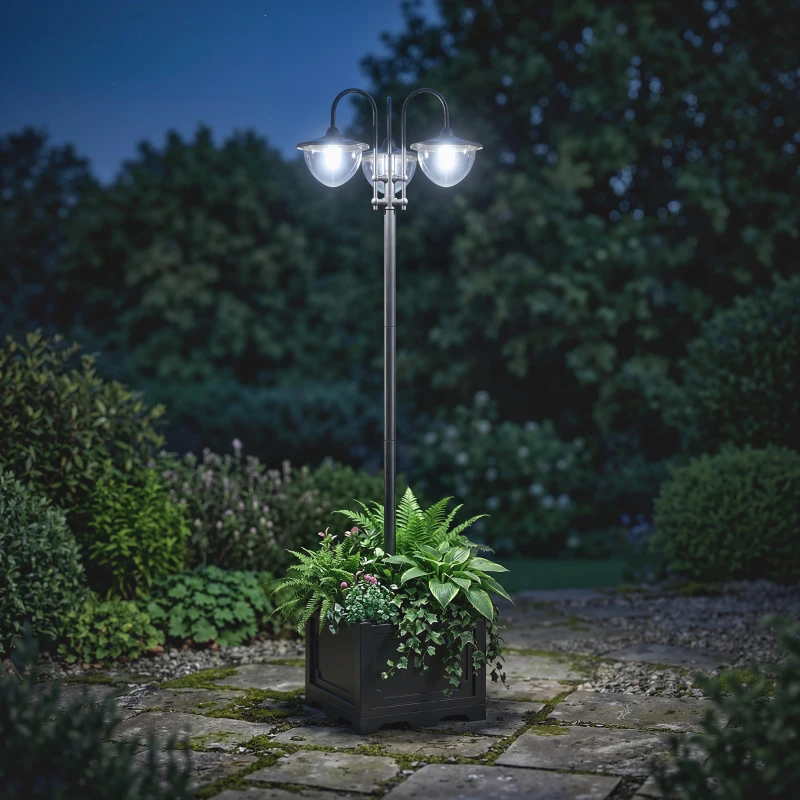 Outsunny 74.5" 3-head Solar Lamp Post Light with Planter, Solar Pole Lights Outdoor Waterproof LED Lighting for Backyard Pathway Patio Lawn Driveway Decor, Black