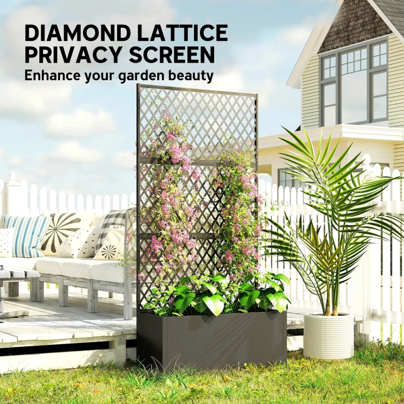 Outsunny Metal Planter Box with Trellis, Raised Garden Bed with Trellis, Diamond Lattice Privacy Planter for Climbing Plants