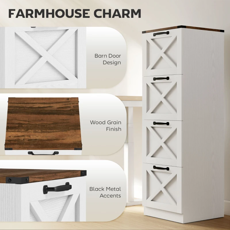 HOMCOM 4 Drawer File Cabinet with Silent Slides, Vertical Farmhouse Filing Cabinet Fits Letter/A4 Size Home Office, White