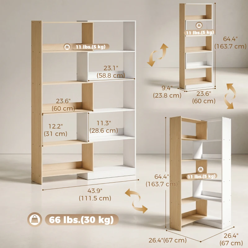 HOMCOM Corner Bookshelf, 5-Tier L-Shaped Bookcase with 350° Rotating Design, Two-Tone Design, Fruitwood/White