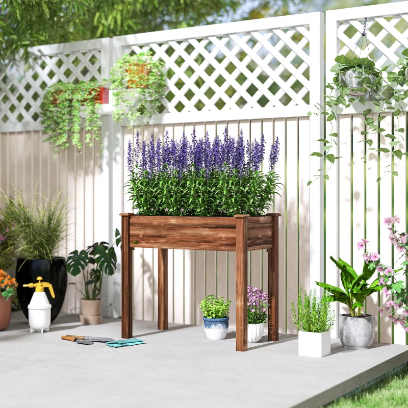 Outsunny 34" x 18" x 30" Wooden Patio Raised Garden Bed Planter, Elevated Planter Box with Legs, Carbonized