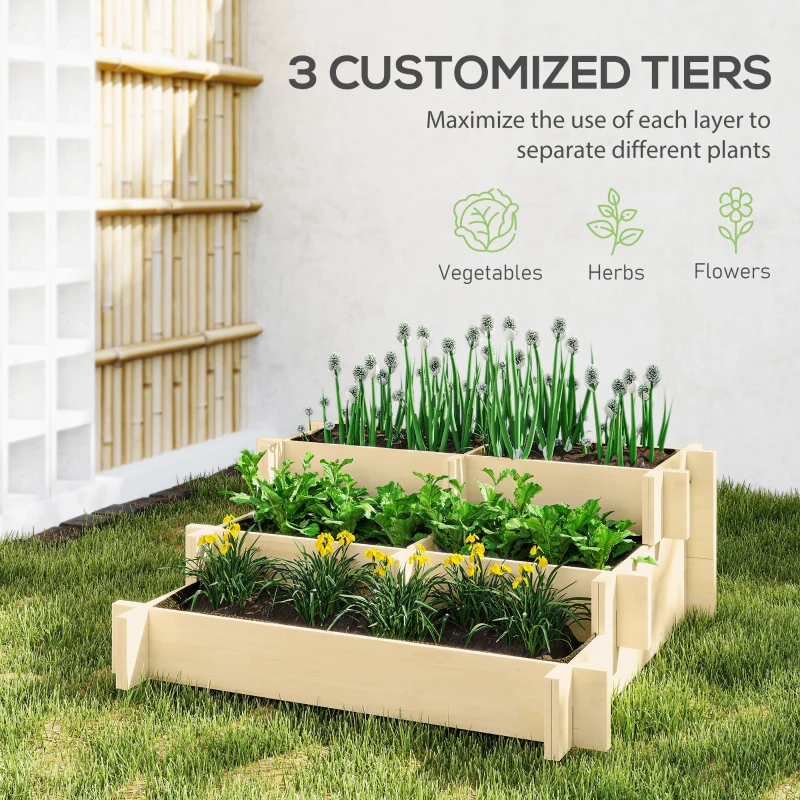 Outsunny 3 Tier Raised Garden Bed, Water Draining Fabric for Soil, Elevated Wood Flower Box for Vegetables, Herbs, Natural