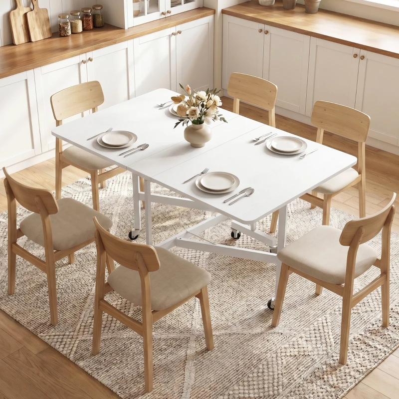 HOMCOM Six-Seater Drop-Leaf Dining Table with Wheels, White