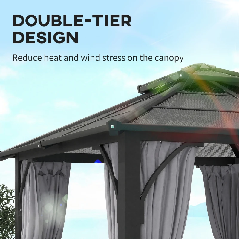 Outsunny 10' x 10' Hardtop Gazebo with 7mm Polycarbonate Double-Tier Roof, Outdoor Gazebo with Netting and Curtains, Dark Grey