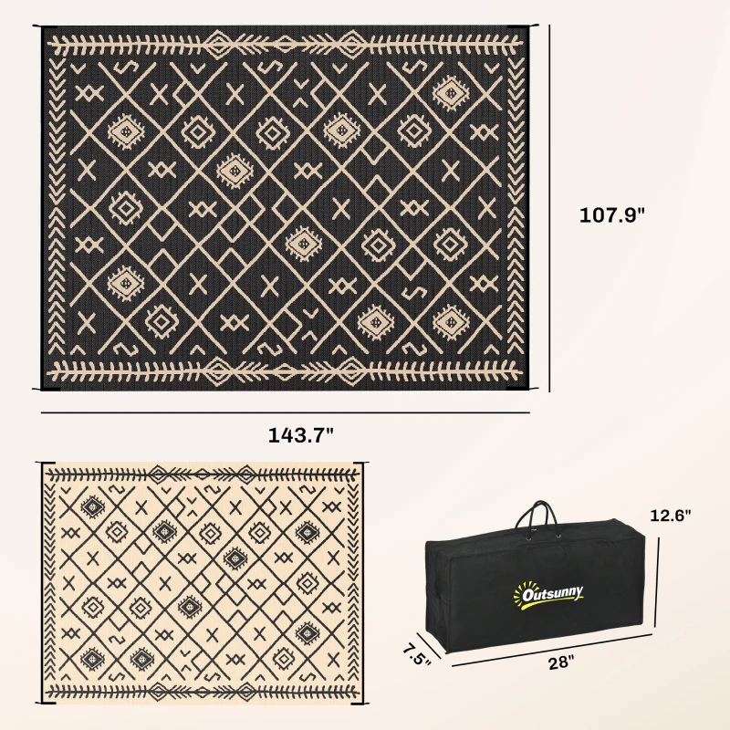 Outsunny Reversible Outdoor Rug, Waterproof Plastic Straw with Carry Bag, 9' x 12', Black & Beige Rhombus